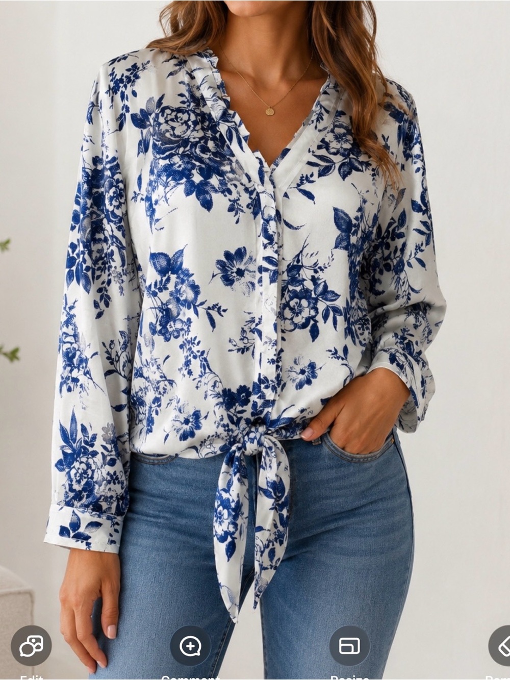 GO BY GO SILK blue and white porcelain floral 100% silk Blouse XS
